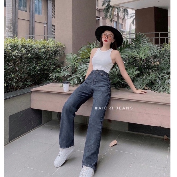 Quần Jean Nữ Aiori Ống Rộng Lưng Cao Túi To Lưng Kiểu Bò Suông Trơn Phong Cách Thời Trang_Mã S3419
