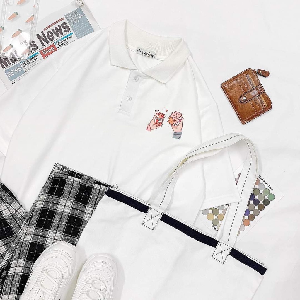 Áo thun Polo nữ tay lỡ form rộng SAM CLO phông freesize unisex mặc đi học, nhóm, lớp in hình HAI HỘP SỮA