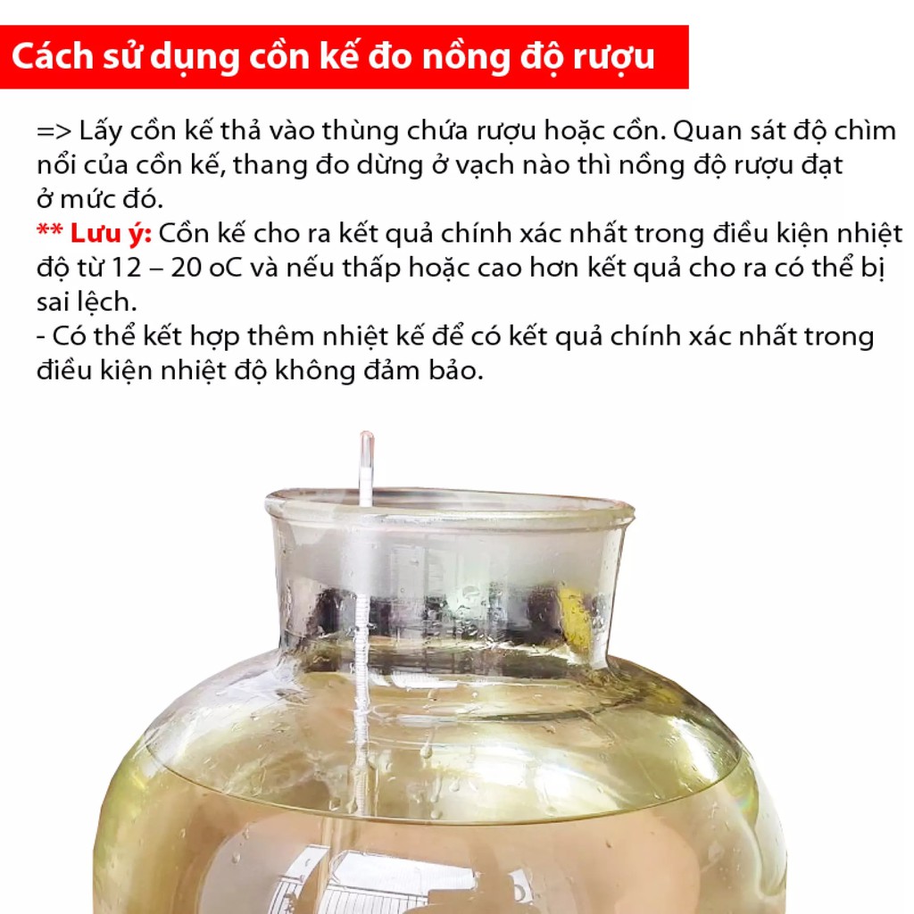 Cồn Kế Đo Nồng Độ cồn trong rựu, Đo Nồng Độ Cồn Từ 0 -100, Tặng Nhiệt Kế