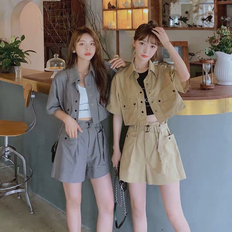 💃Bộ Áo Sơ Mi Túi Hộp Kèm Quần Short Kaki Set Đồ Nữ