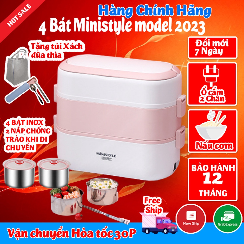 Hộp cơm cắm điện văn phòng 2 tầng 4 ruột inox có chức năng giữ nhiệt, hâm nóng và tự nấu chín thức ăn đa năng