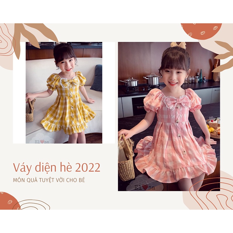 Váy kẻ tay bồng phối nơ ngực siêu xinh cho bé gái hè 2022 - 2 màu vàng - hồng cho bé từ 8-18kg