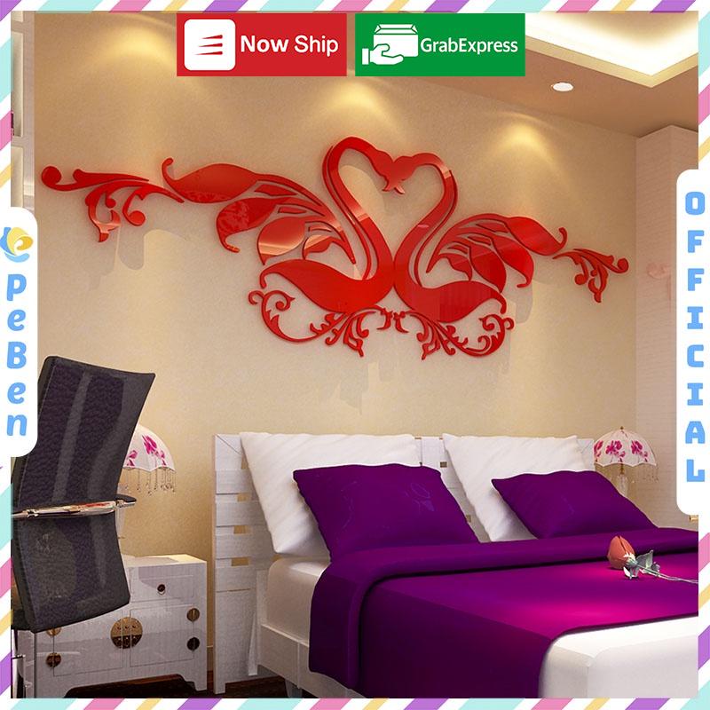 Tranh dán tường mica 3d decor khổ lớn cặp đôi thiên nga trang trí phòng cưới, phòng ngủ Nhiều Size - EPeBen