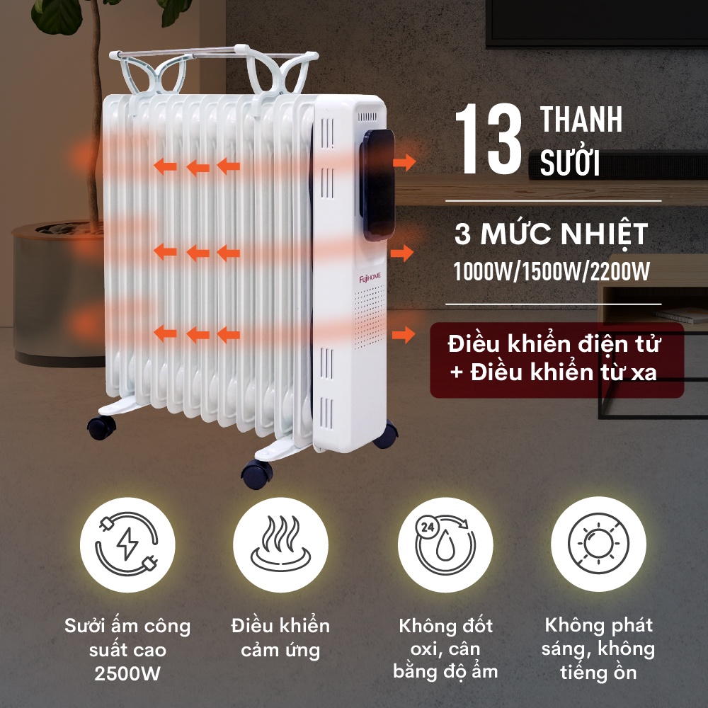 Máy sưởi dầu điện tử điều khiển từ xa nhập khẩu Nhật Bản Fujihome, không khô da,sưởi điện tự ngắt an toàn tiết kiệm điện