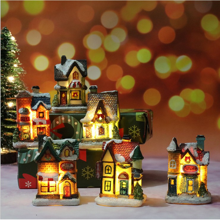 Mô hình nhà giáng sinh phủ tuyết có led trang trí tiểu cảnh Noel quà tặng trang trí