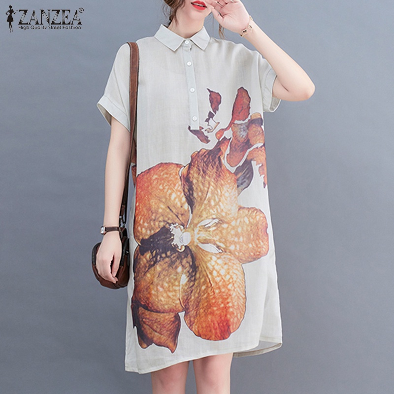ZANZEA Đầm Midi Tay Ngắn Cổ Bẻ Form Rộng In Họa Tiết Vintage Thời Trang Cho Nữ