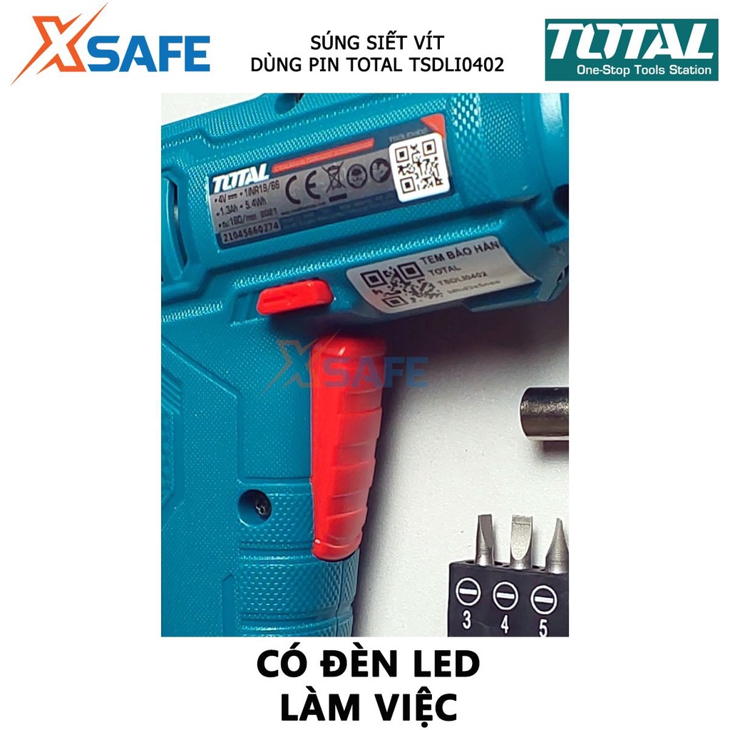 Máy siết vít dùng pin TOTAL TSDLI0402 | máy vặn vít điện thế 4V đầu lục giác 1/4'' tốc độ không tải 180 vòng / phút vặn
