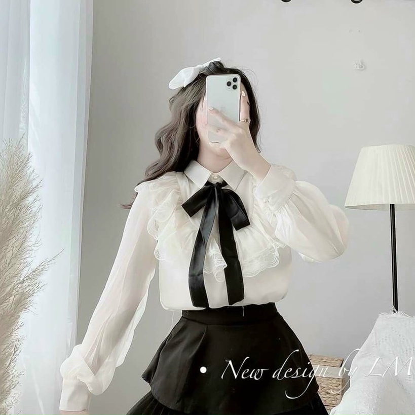 Áo sơ ,mi nữ cột nơ viền bèo