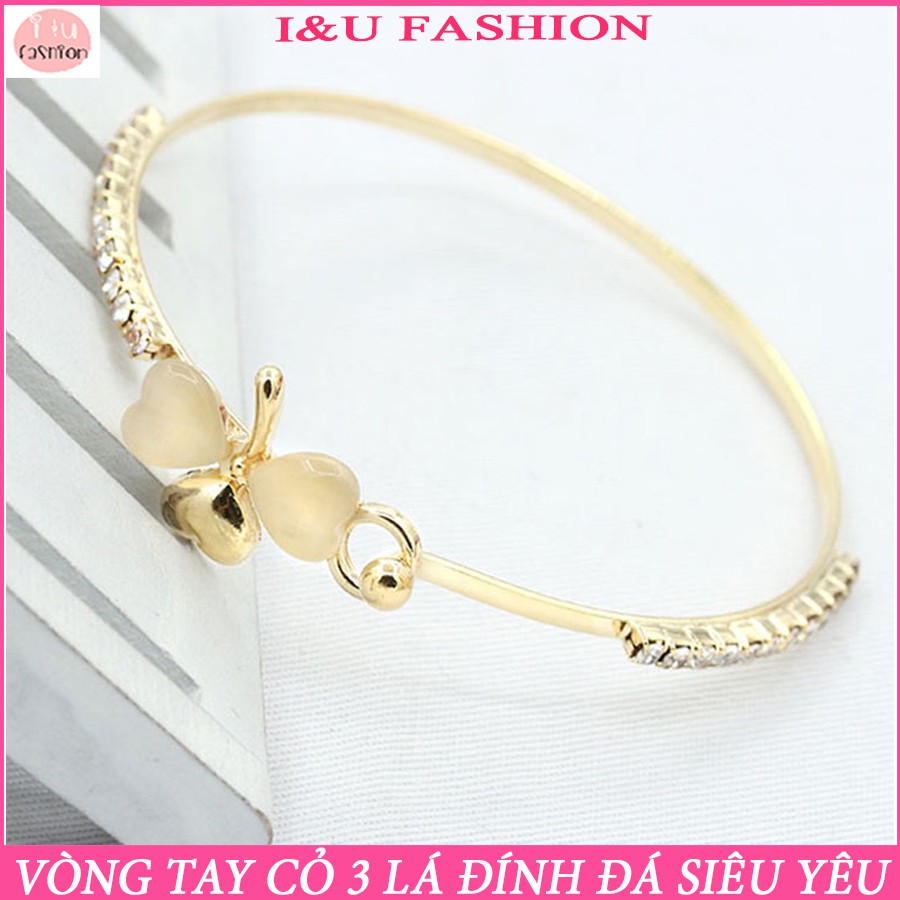 Vòng tay cỏ 3 lá may mắn có đính đá lấp lánh 2 bên chất liệu kim loại kiểu móc gài tiện lợi dễ thương và nữ tính VT-26