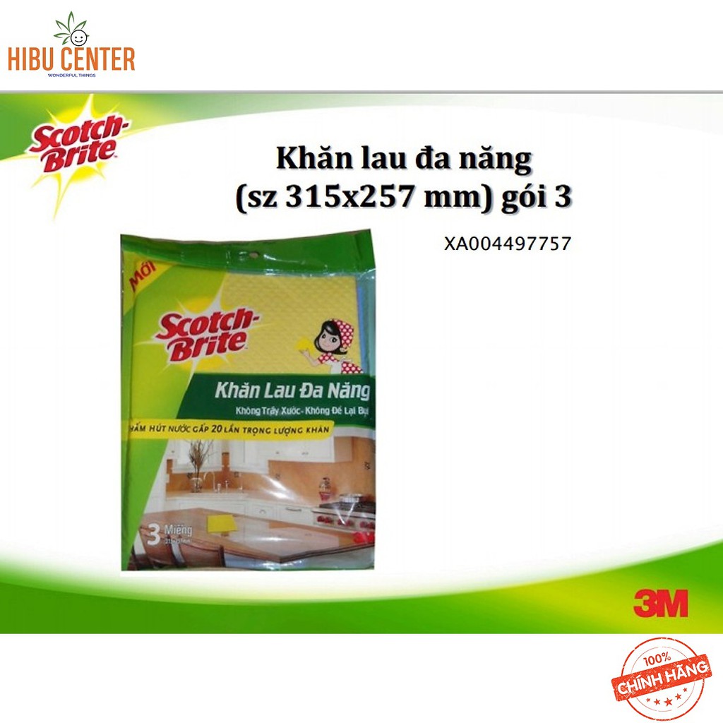 Gói 3 Miếng Khăn Lau Đa Năng Scotch-Brite 3M – 315 x 257 (cm) – Không Trầy Xước, Không Để Lại Bụi – Thấm Hút Gấp 20 Lần