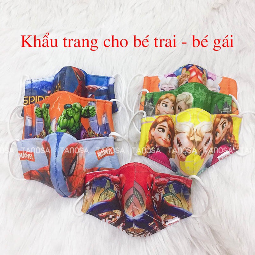 Combo 2 Khẩu trang vải hoạt hình cho bé 3 lớp loại đẹp dày dặn nhiều mẫu siêu nhân, nhện, công chúa Tanosa Kids