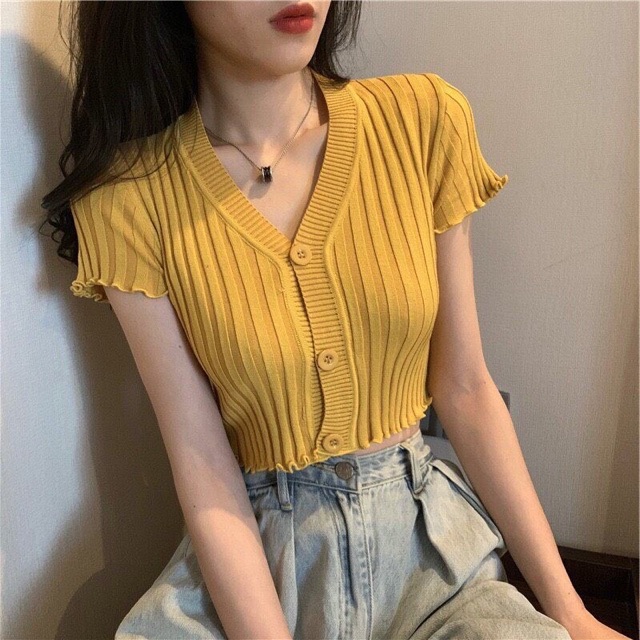 [Mã 11FASHIONSALE1 giảm 10K đơn 50K] Áo Len Ngắn Tay Cổ V Hàn Quốc Croptop Sang Chảnh Sexy Áo Dệt Kim K3C6 | BigBuy360 - bigbuy360.vn