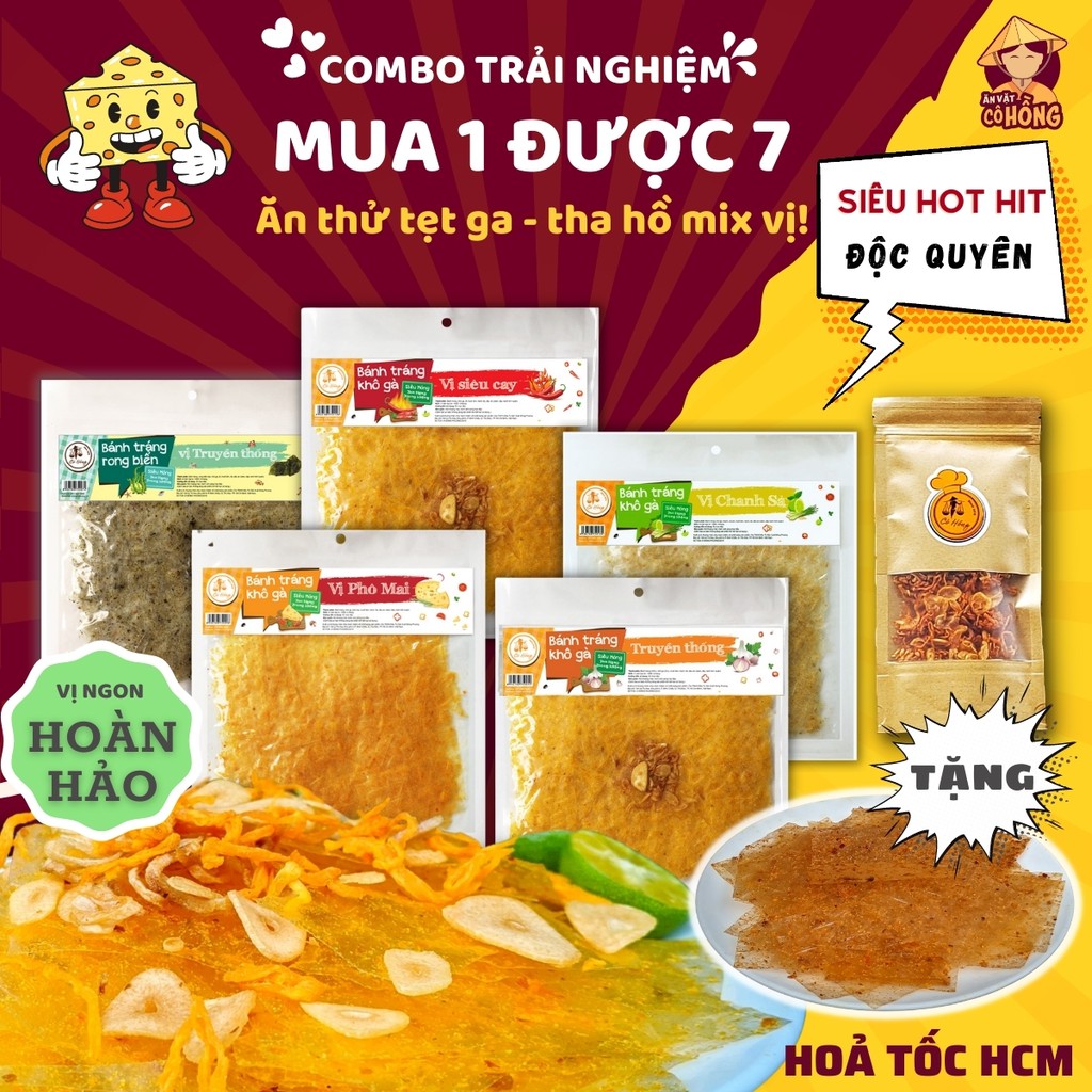 COMBO TRẢI NGHIỆM Bánh tráng Khô gà, Phô mai, Rong biển, Chanh sả, Siêu cay, Muối tỏi, Khô gà lắc hành tỏi phi Cô Hồng