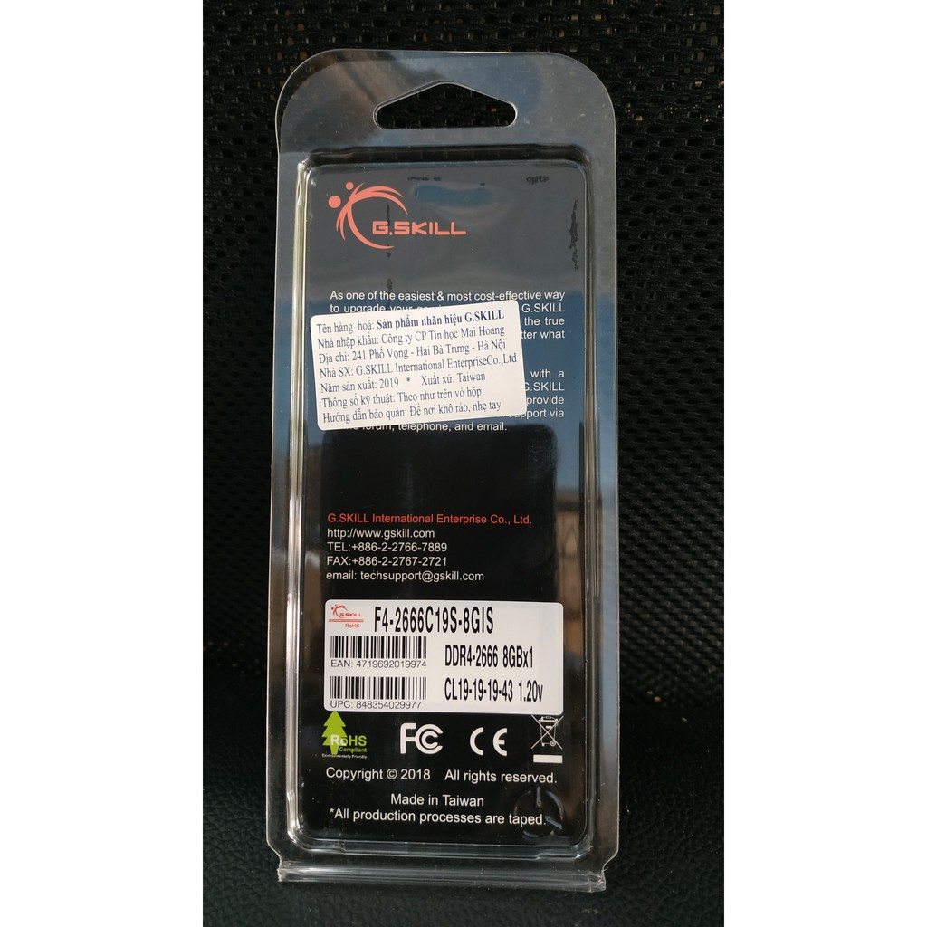 Bộ nhớ trong G.SKILL AEGIS - 8GB DDR4 2666MHz - F4-2666C19S-8GIS NEW chính hãng Mai Hoàng BH 36 Tháng