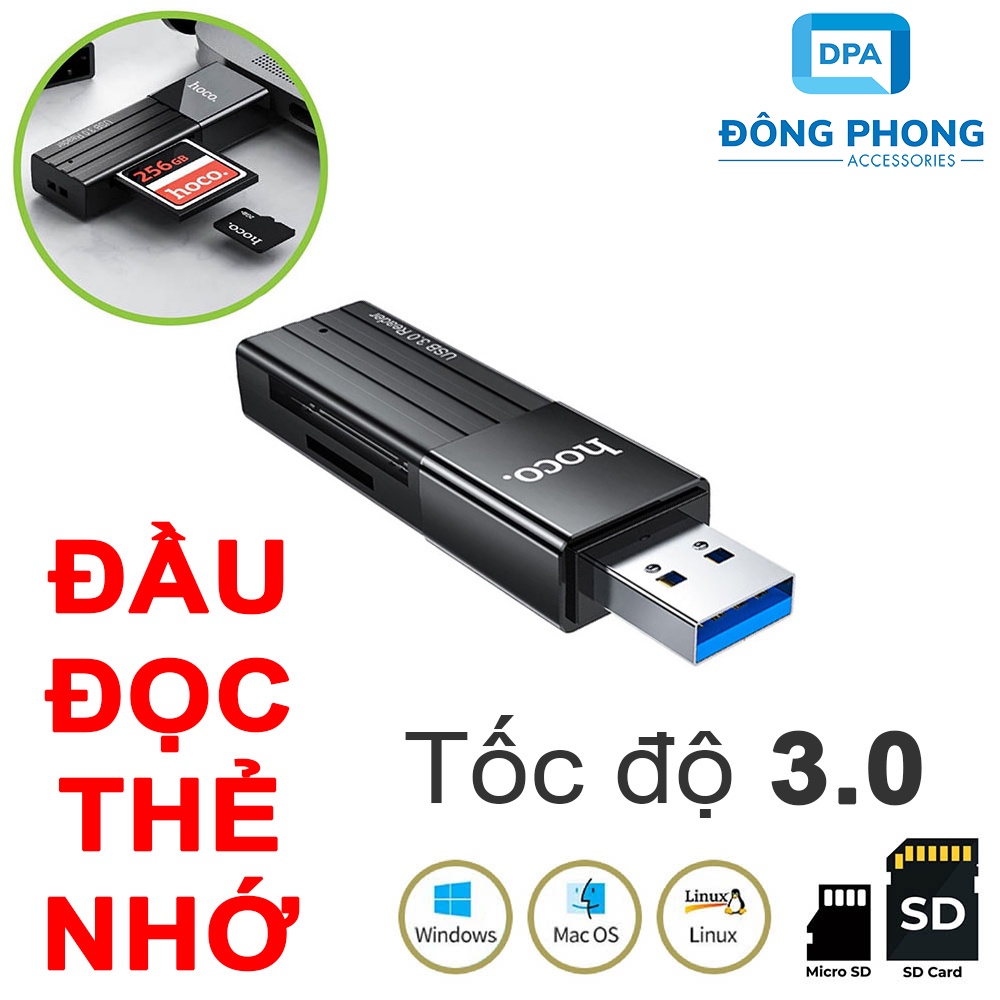 Đầu Đọc Thẻ Nhớ 3.0 Hoco HB20 Chính Hãng, Khe Cắm Thẻ SD &amp; Micro SD