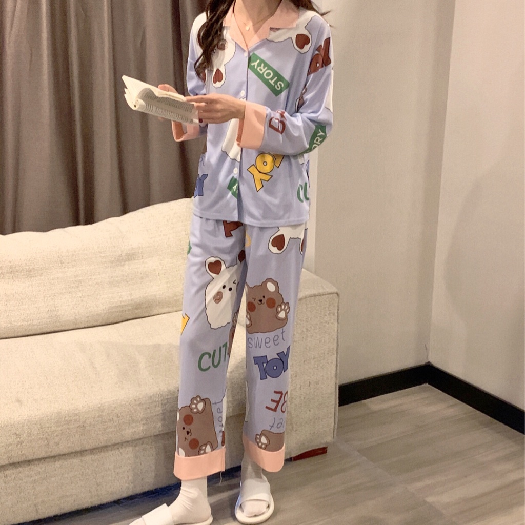 Bộ đồ ngủ cotton tay dài thời trang Hàn Quốc cho nữ