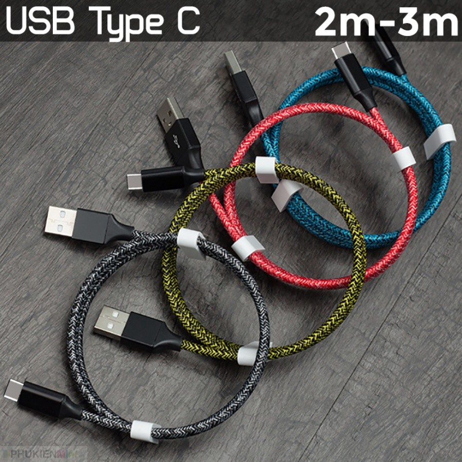 Dây cáp sạc cổng USB-C (Type C) siêu dài 2 mét, 3 mét dây dù bện chống đứt, chống xoắn rối giá rẻ