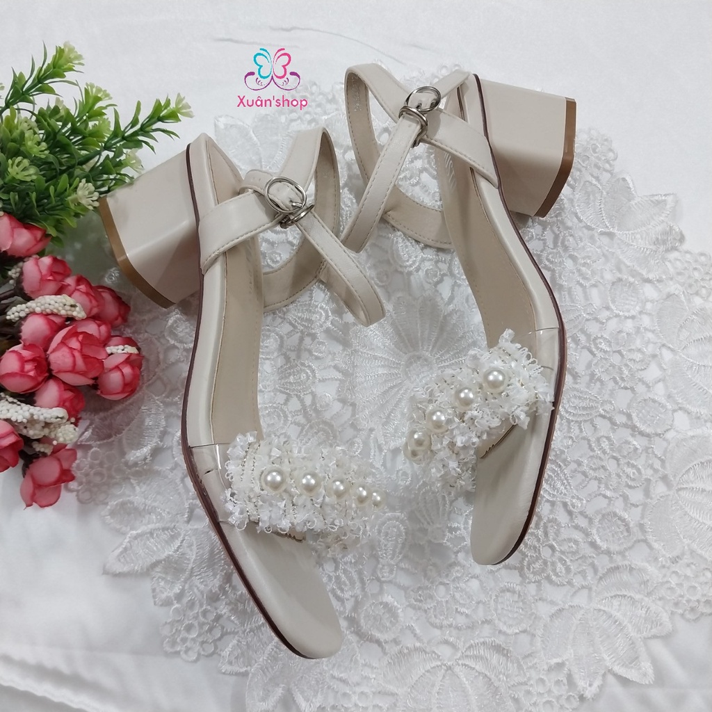 Sandal quai ngang Dusto, phối vải tweed thời trang, gót vuông 6m