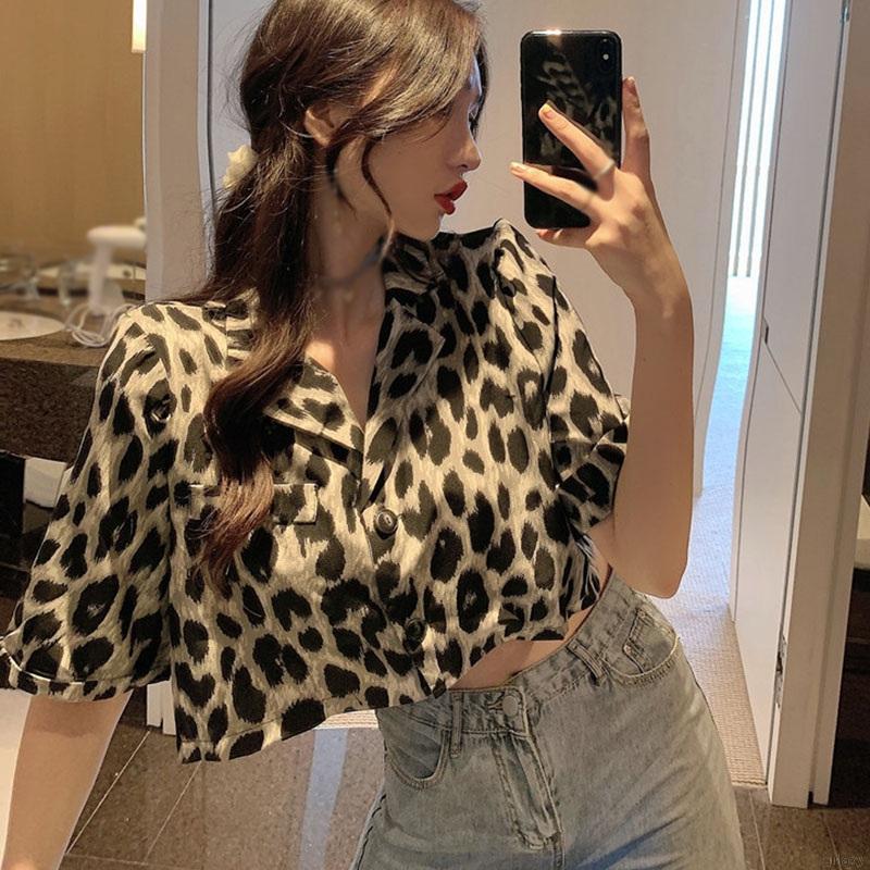 Áo Croptop Tay Ngắn Hoạ Tiết Da Báo Phong Cách Retro