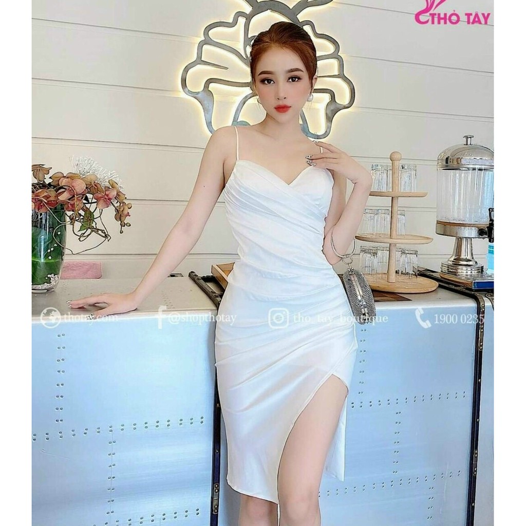 Đầm Dự Tiệc 2 Dây Xếp Ly eo Chất Liệu Lụa Satin Sang Chảnh, Nhẹ Nhàng Tôn Dáng (4 màu xanh,đen,hồng.trắng) Kèm Mút