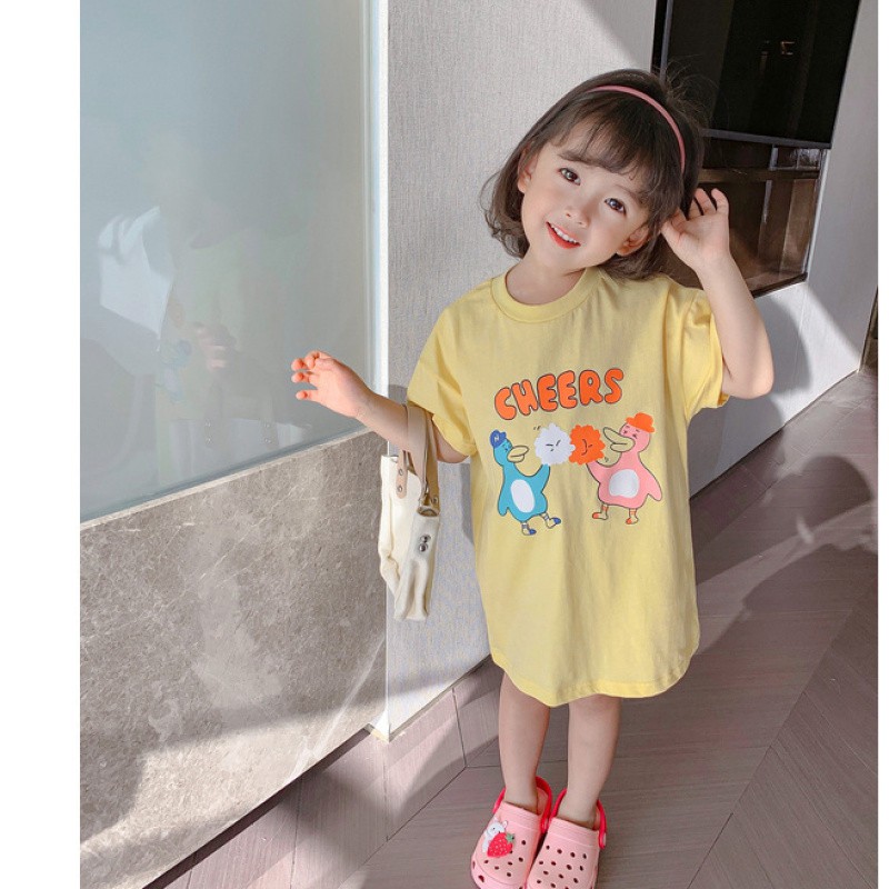 Đầm Thun Cotton Tay Ngắn In Chữ Dễ Thương Cho Bé Gái Từ 1 - 10 Tuổi