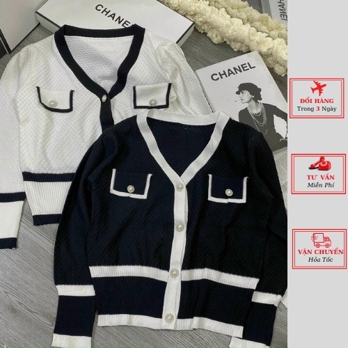 Áo Cardigan Dệt Kim Tay Dài Cổ Chữ V Cúc Ngọc Màu Đen Trắng Phong Cách Hàn Quốc thời trang nữ yolo fashion