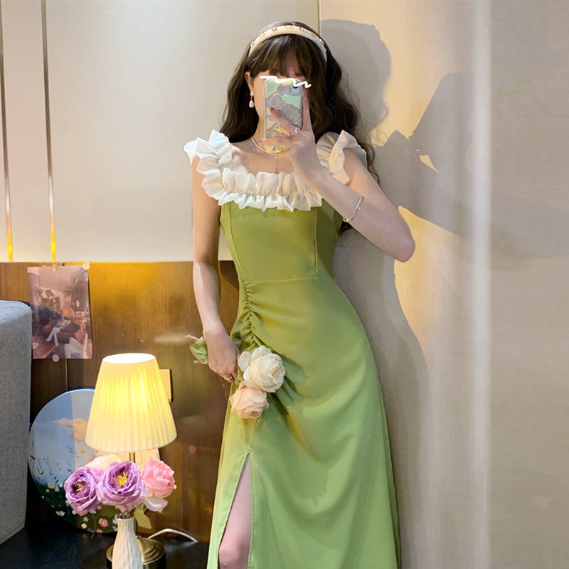 Đầm Đen Hai Dây Xẻ Tà Ôm Dáng Phong Cách Pháp Thanh Lịch Thời Trang Mùa Hè Cho Nữ