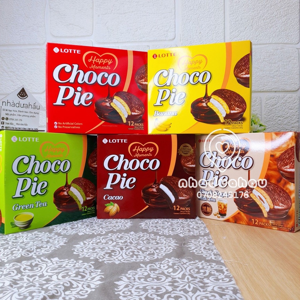 Một hộp bánh Chocopie nhân kem đủ vị vani/cacao/matcha/chuối/đường đen Lotte Hàn Quốc hộp 336gam hàng cty chuẩn xịn