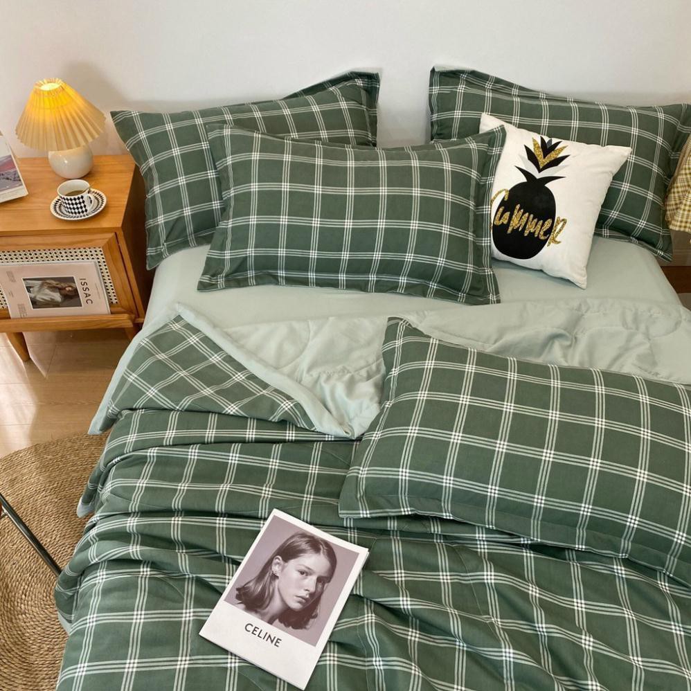 Bộ chăn ga gối đũi kẻ chăn trần hàng nhập khẩu(miễn phí bo chun theo size đệm)