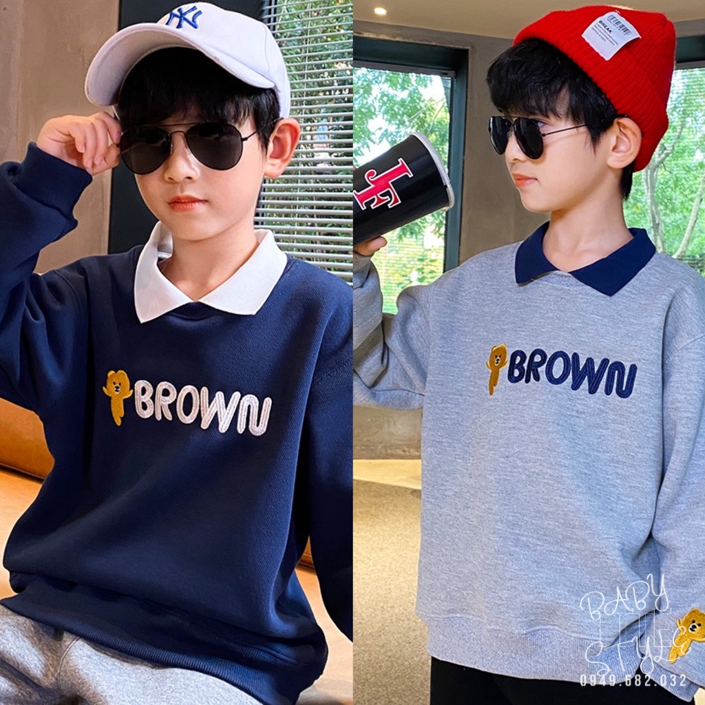 Áo thu đông bé trai, bé gái &quot;BROWN&quot; 14-45kg, Áo nỉ sweater ấm áp cho bé 4-15 tuổi. Vải da cá dày dặn. Hàng may kỹ. G48