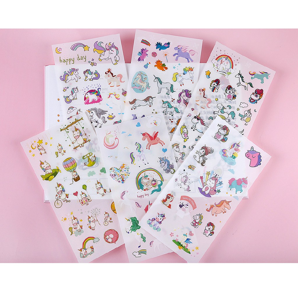 Set 6 tờ stickers dán trang trí hình kỳ lân DIY cho nhật ký dễ thương
