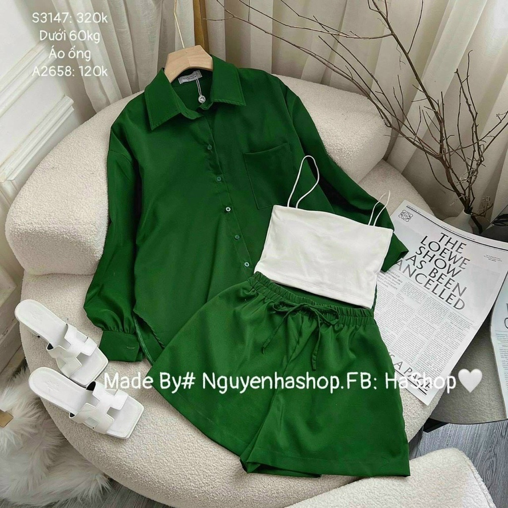 [8.8 Sales Freeship] Set bộ sơ mi đũi trơn màu basic, áo tay dài quần sooc đùi đi biển, đi chơi xinh xắn