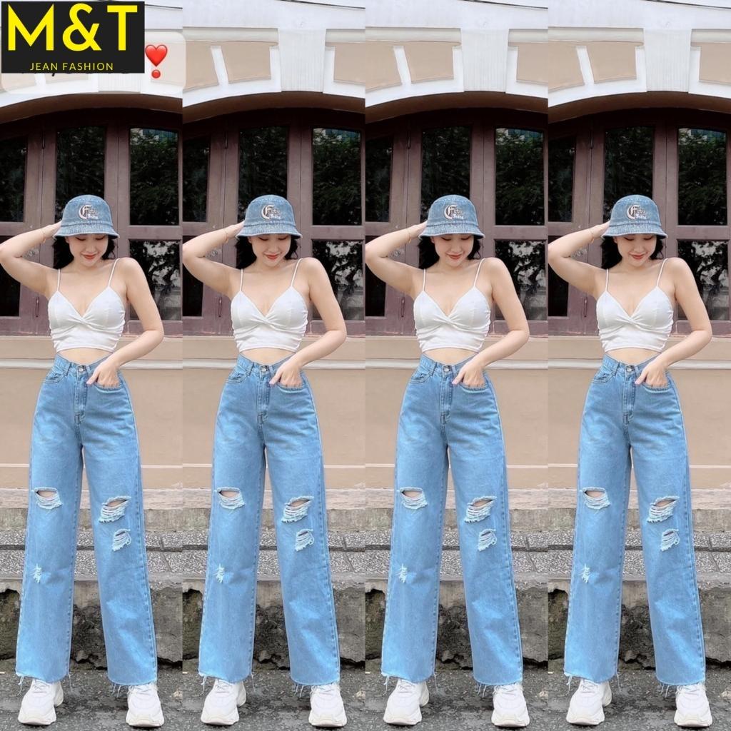 Quần jean nữ ống rộng dáng suông Basic rách gối, lai tua phong cách Ulzzang, trẻ trung chất bò dày dặn MT5010-5011