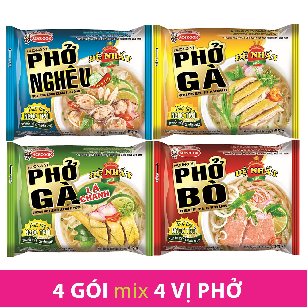 Combo 4 gói Phở Đệ Nhất mix đủ 4 vị bò gà lá chanh nghêu