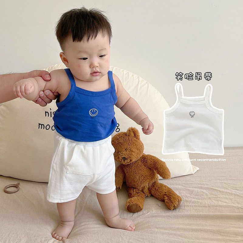 Áo Thun Sát Nách Vải Cotton Mỏng Thoải Mái In Chữ Và Mặt Cười Phong Cách Hàn Quốc Cho Nam Và Nữ