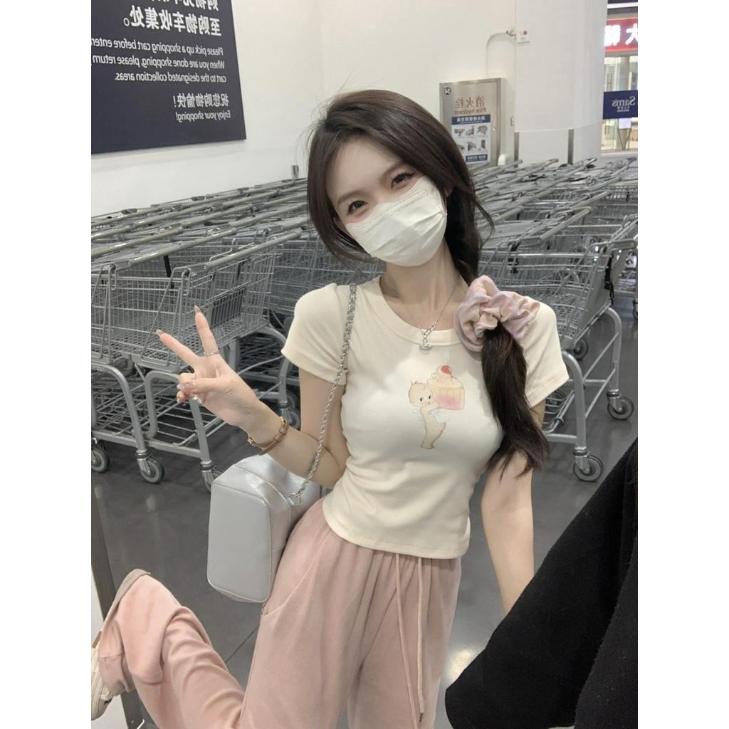 Áo Thun Cotton Ngắn Tay Dáng Ôm In Hình Dễ Thương Thời Trang Mùa Hè 62163