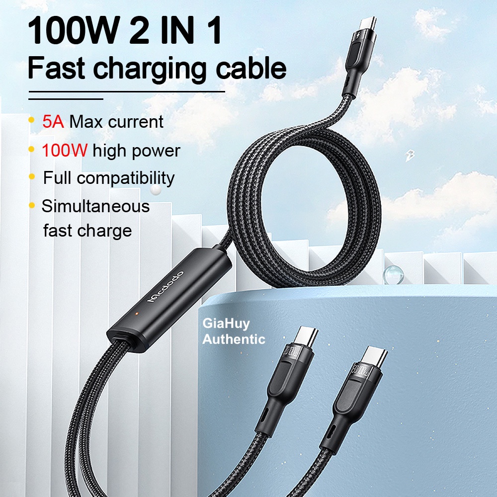 Cáp sạc 2in1 MCDODO CA-747 USB-C to C+C 100W PD/PPS/ QC 4.0 dài 1.2m, sạc nhanh 2 thiết bị cùng lúc