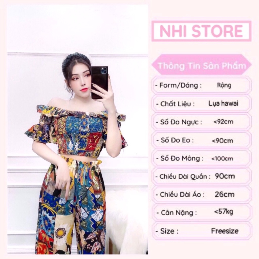 [FREESHIP 50K] Set Bộ Nữ Nhistore Áo Bẹt Vai Dún Thun Quần Dài Lưng Cao Ống Rộng VẢi Lụa Hawai Họa Tiết Freesize &lt;57kg