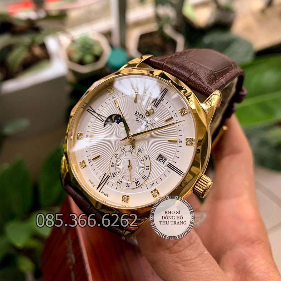 Đồng hồ nam Rolex cơ Automatic máy Nhật mẫu 3 kim trắng viền vàng cắt vát kim cương size 40-41mm