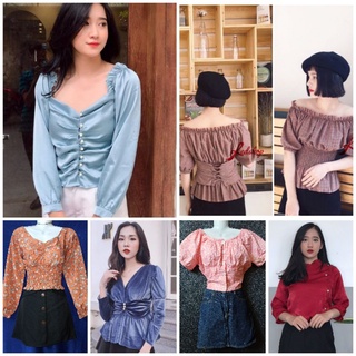 Nhiều mẫu pass thanh lý áo kiểu lửng hoa nhí cúc ngọc tay phồng rớt vai đan thắt dây eo cổ tim vuông nhung đá