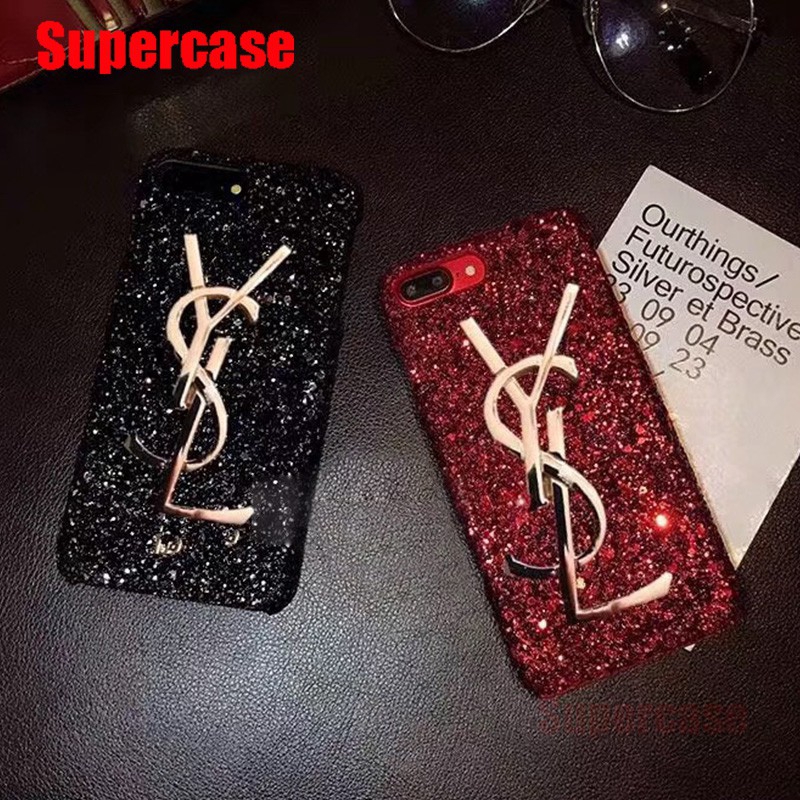 Ốp điện thoại cứng phủ kim tuyến lấp lánh họa tiết YSL thời trang cho iPhone XS Max XR XS X 7 8 6 6s Plus 5 5s SE