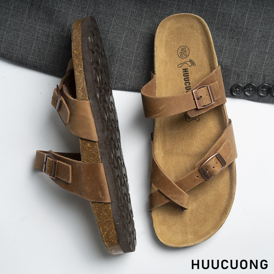 Dép unisex HuuCuong xỏ ngón da bò nâu đế trấu