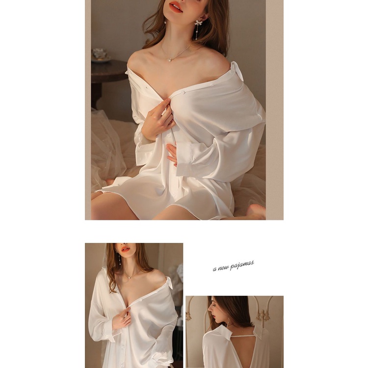 Đầm Ngủ Sơ Mi Dài Tay Thắt Nơ Lưng Gợi Cảm Cho Nữ