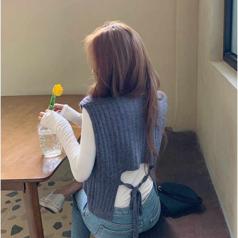 [Sẵn] Gile Len | Áo Gile Nữ Len Sọc Dây Buộc Nơ Lưng Thời Trang Thu Đông 2021, Phong Cách Ulzzang Hàn Quốc | BigBuy360 - bigbuy360.vn