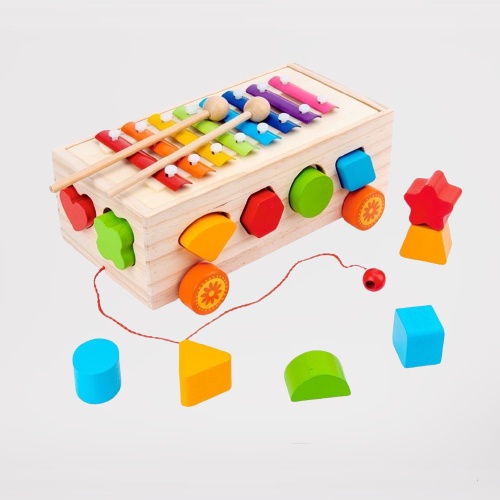 Đồ Chơi Gỗ Cho Bé Đồ Chơi Xe Cũi Thả Hình Khối Kèm Đàn Dành Cho Bé