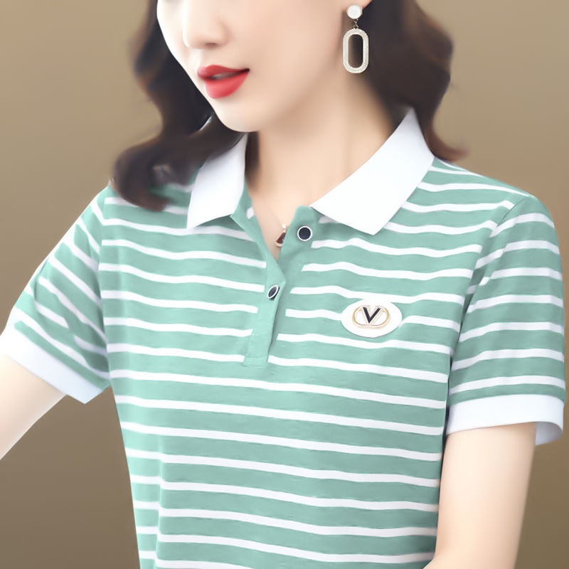 Áo polo Cotton Ngắn Tay Họa Tiết Kẻ Sọc Thời Trang Mùa Hè Cho Nữ
