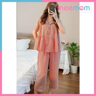 Đồ bộ bầu mặc nhà đẹp bộ sau sinh kẻ caro kiểu dáng babydoll chất đũi hàn freeszie thời trang nữ Meemom DB20