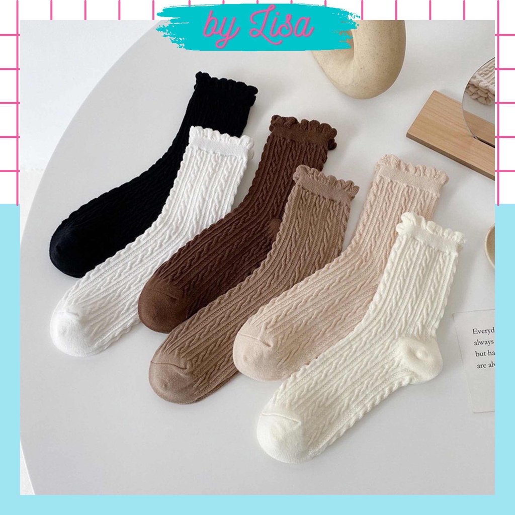 Tất nữ cổ cao tone màu nâu trắng phong cách lolita đáng yêu tất nữ cổ nhún phong cách Hàn Quốc TN21