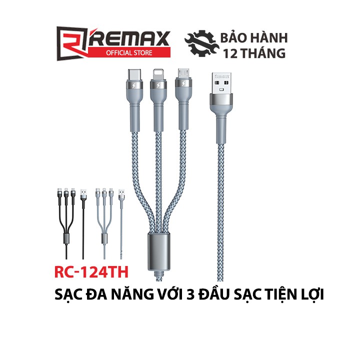 Cáp sạc điện thoại đa năng 3 in 1 Jany Series Remax RC-124th cổng Micro USB , Type C , iP