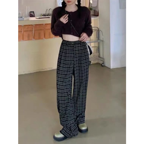 Quần Dài Lưng Cao Ống Rộng Họa Tiết Sọc Caro Phong Cách Retro Cho Nữ Sinh